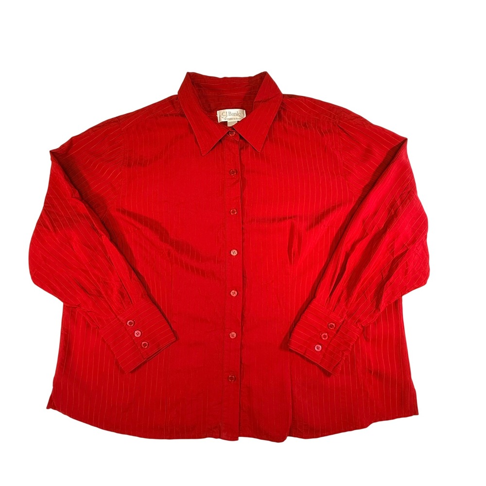 CJ Banks Womens 2X Red Pintuck Striped Button Down Shirt Long Sleeve Blouse